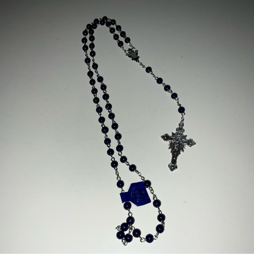 America Needs Fatima Cobalt Blue Glass Bead Rosary w Crucifix Original Tag